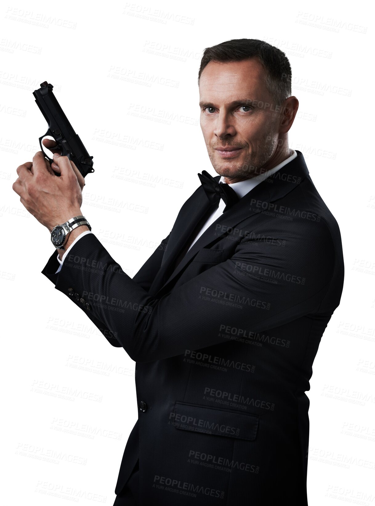 Buy stock photo Professional man, portrait and gun isolated on transparent, png background, secret service agent or security business. Investigation, crime and detective person or actor in suit, firearm and mission