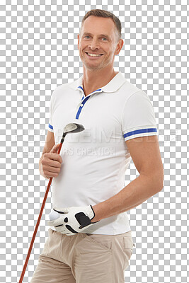 Sports portrait, golf and man in studio isolated on a png background ready to start game. Training, golfer and mature male athlete carrying ball and club driver for workout, exercise or fitness match