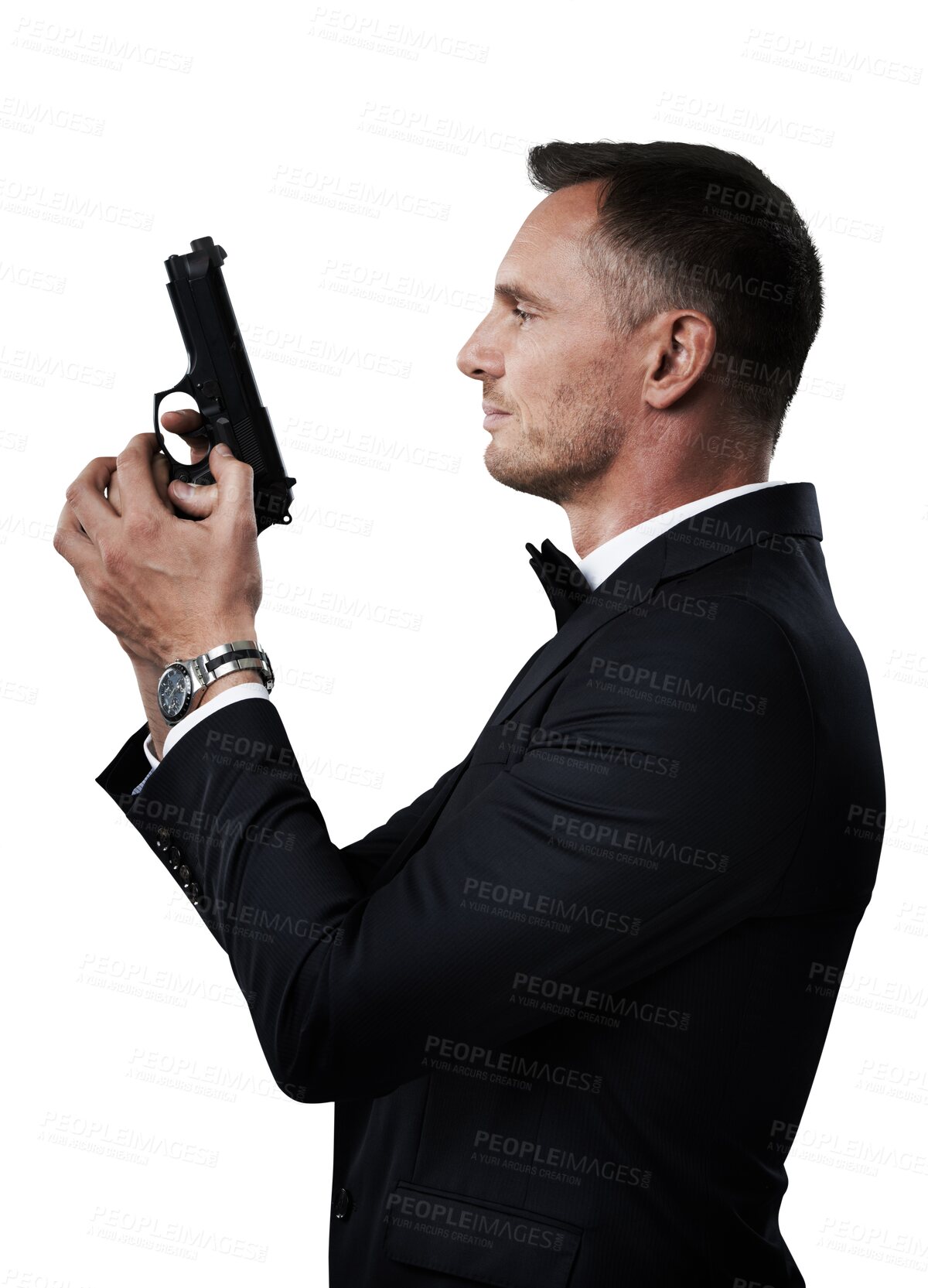 Buy stock photo Professional man, profile and gun isolated on transparent, png background or secret service agent in security business. Investigation, crime action and detective person or bodyguard, suit and firearm