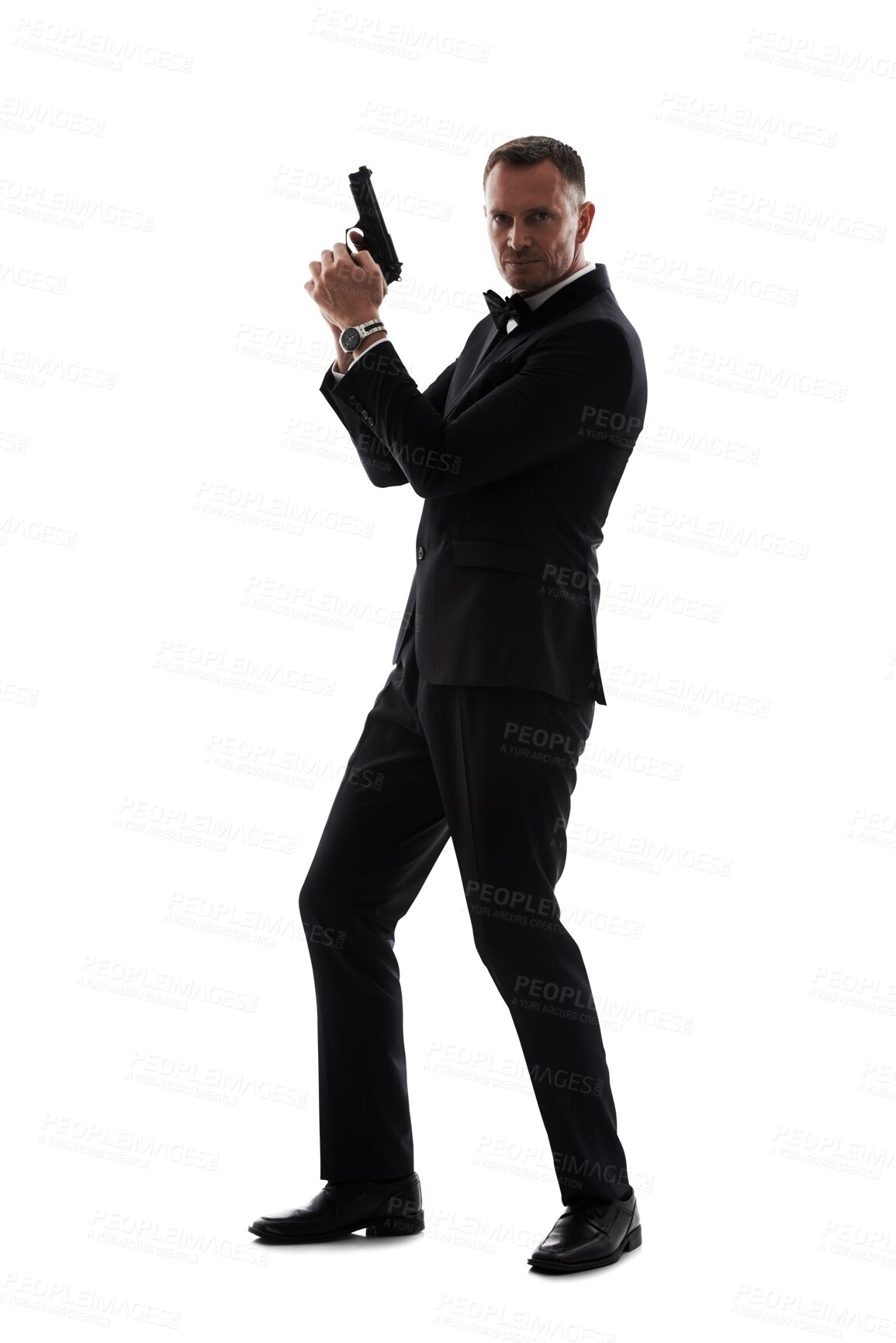 Buy stock photo Portrait, gun and spy agent with a man in a suit or tuxedo for style. Mission, bodyguard and fashion with a mature male security person with a weapon for safety isolated on transparent png background