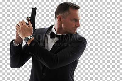 Buy stock photo Business, suit and man with gun isolated on transparent, png background or secret service agent in action and crime. Detective, investigation and professional person or bodyguard search with firearm