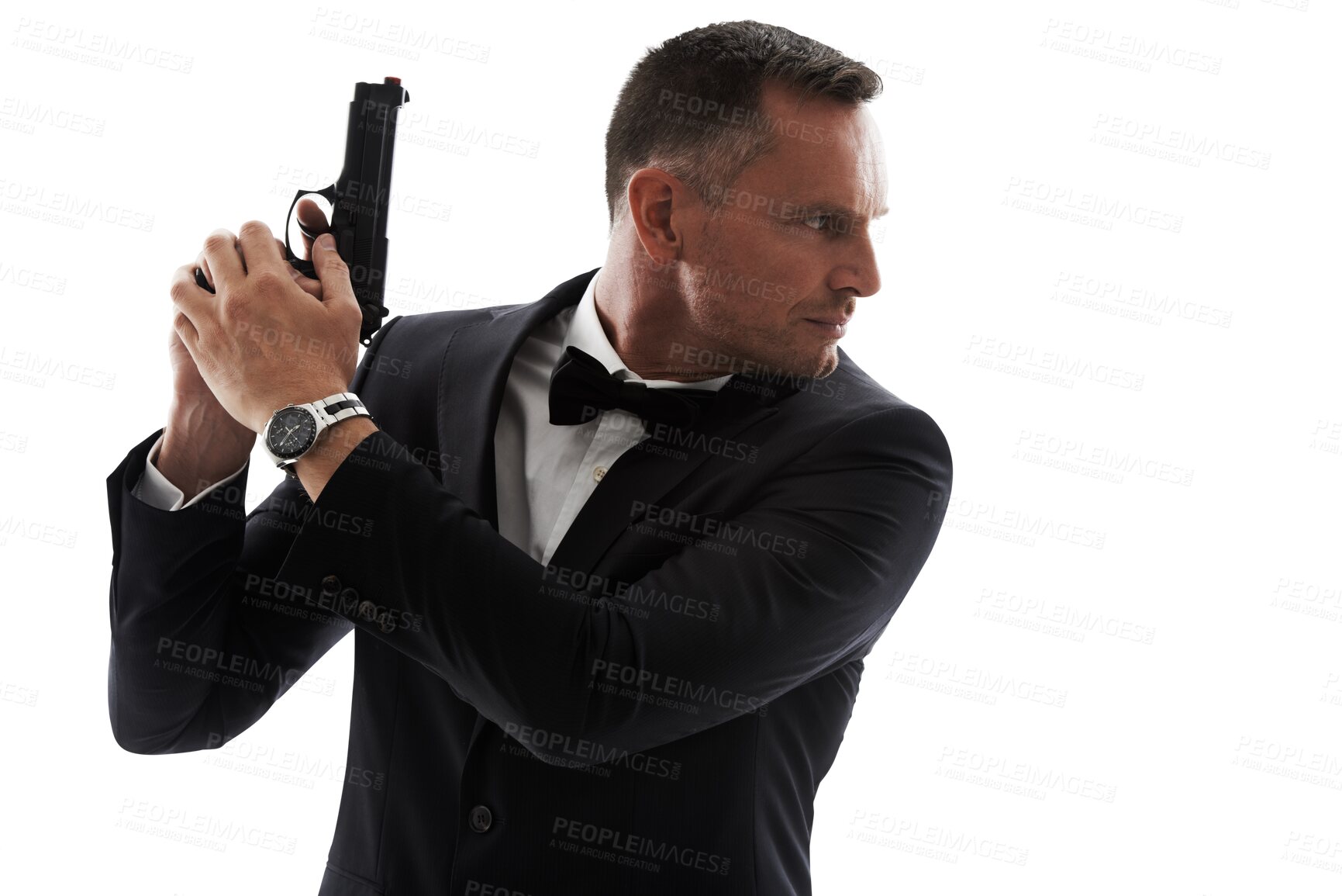 Buy stock photo Business, suit and man with gun isolated on transparent, png background or secret service agent in action and crime. Detective, investigation and professional person or bodyguard search with firearm