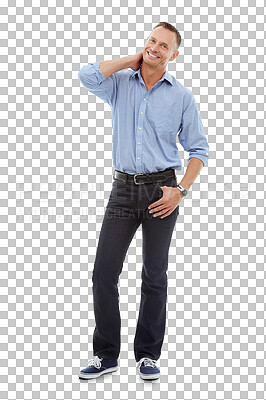 Buy stock photo Full body, mature or portrait of a happy man with fashion, cool trendy jeans or confident pose. Happiness, male model or relaxed person smiling with confidence isolated on transparent png background