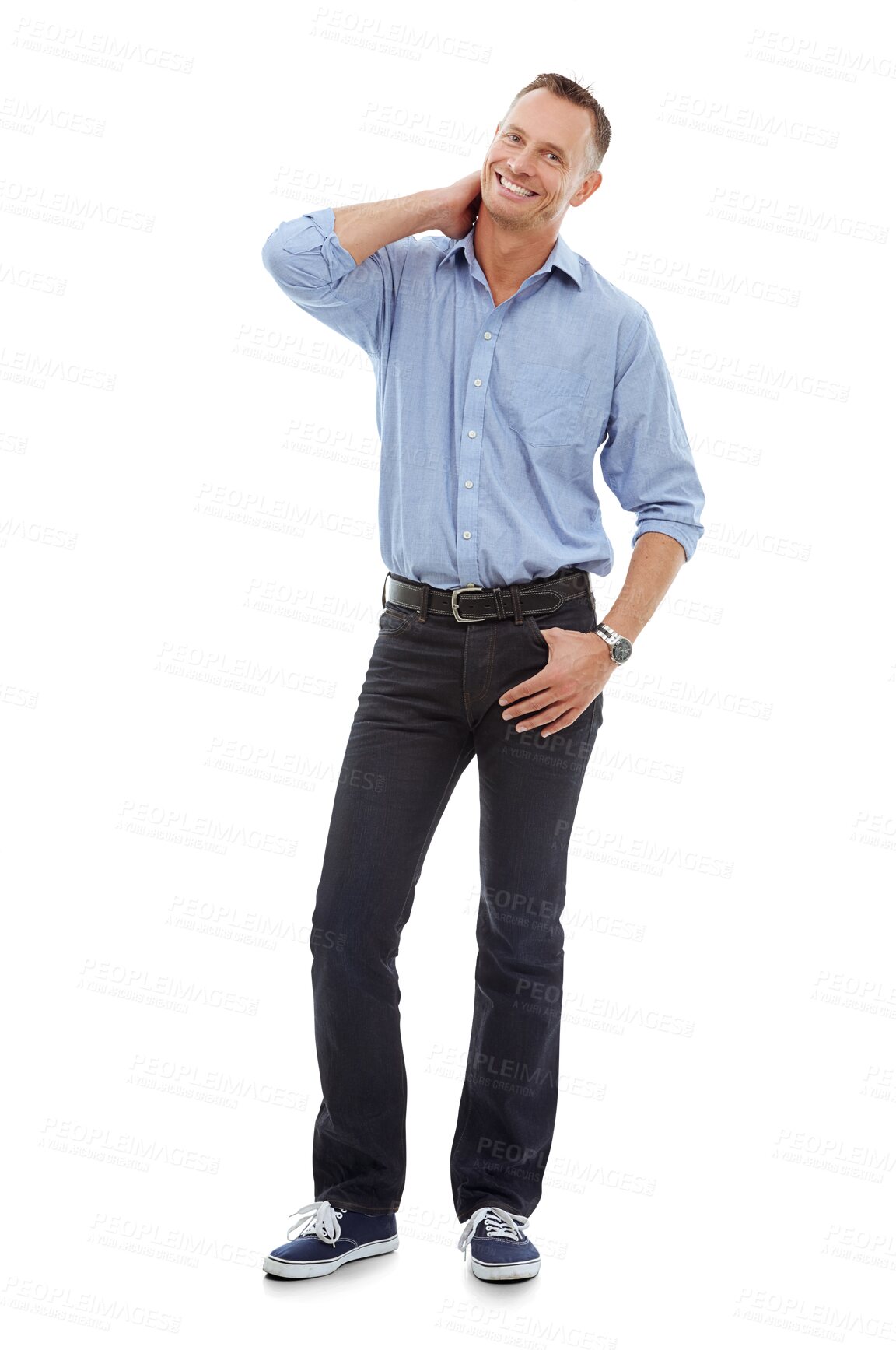 Buy stock photo Full body, mature or portrait of a happy man with fashion, cool trendy jeans or confident pose. Happiness, male model or relaxed person smiling with confidence isolated on transparent png background