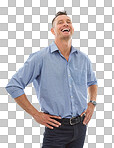Laughing, portrait and business man with success mindset. Ceo, boss and confident, proud and happy mature male entrepreneur from Canada, laugh at joke or comedy isolated on a png background