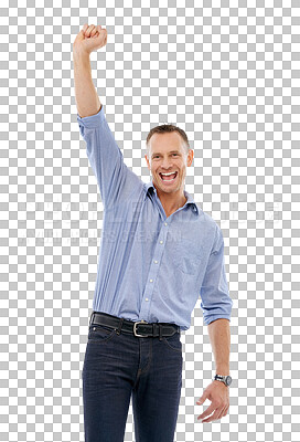 Buy stock photo Portrait, hand up or happy businessman in celebration or success or deal isolated on png background. Crazy winner, entrepreneur or excited person cheering to celebrate winning or victory achievement 