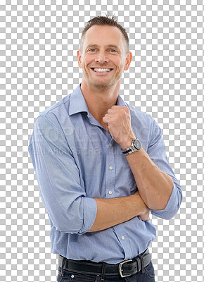 Buy stock photo Portrait, smile and PNG with a corporate man isolated on a transparent background for a professional career. Mindset, vision and smile with a mature male employee standing in a company for business