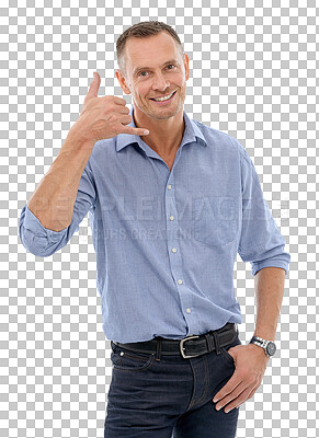 Buy stock photo Smile, call me or portrait of happy businessman smiling on isolated on transparent png background. Shaka sign, hand gesture or isolated person showing talking, conversation or communication symbol 