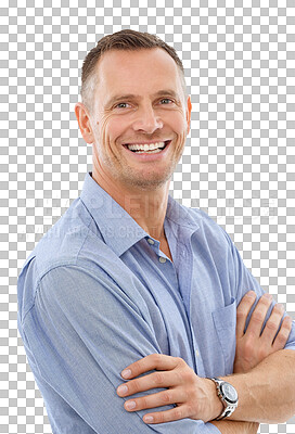 Buy stock photo Portrait, smile and arms crossed with a business man isolated on a transparent background for work. Confident, happy and PNG with a mature male employee looking ready for future company success