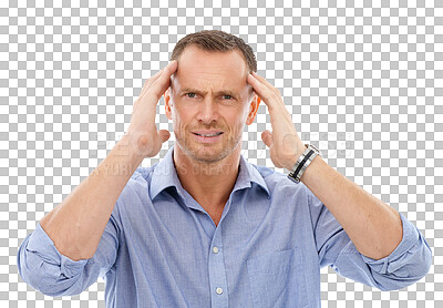 Buy stock photo Portrait, burnout and PNG with a business man isolated on a transparent background suffering from stress. Anxiety, mental health and overworked with a frustrated male employee rubbing his temples