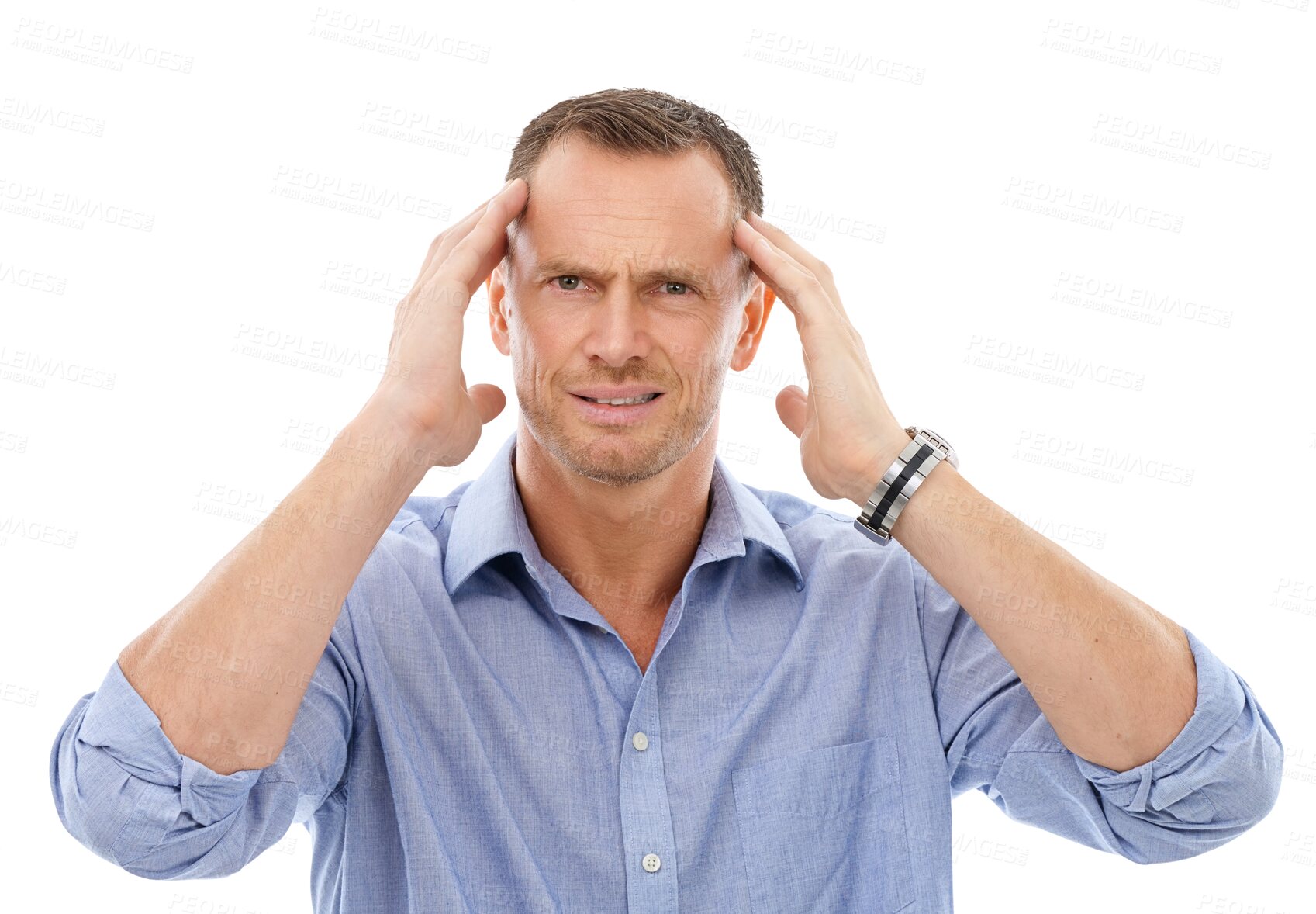 Buy stock photo Portrait, burnout and PNG with a business man isolated on a transparent background suffering from stress. Anxiety, mental health and overworked with a frustrated male employee rubbing his temples