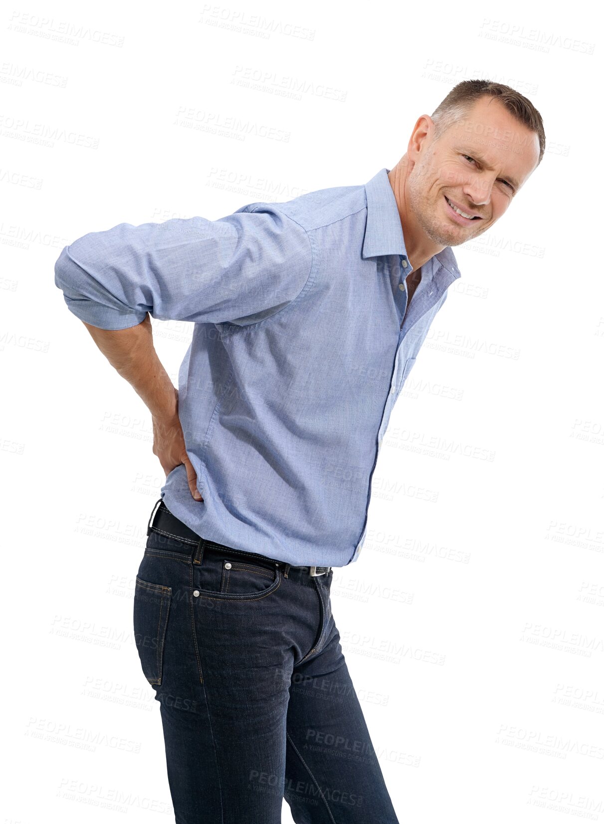 Buy stock photo Back pain, spine injury or portrait of businessman in accident with crisis, bruised body or injured employee. Hurt, risk or stressed mature worker with backache isolated on transparent png background