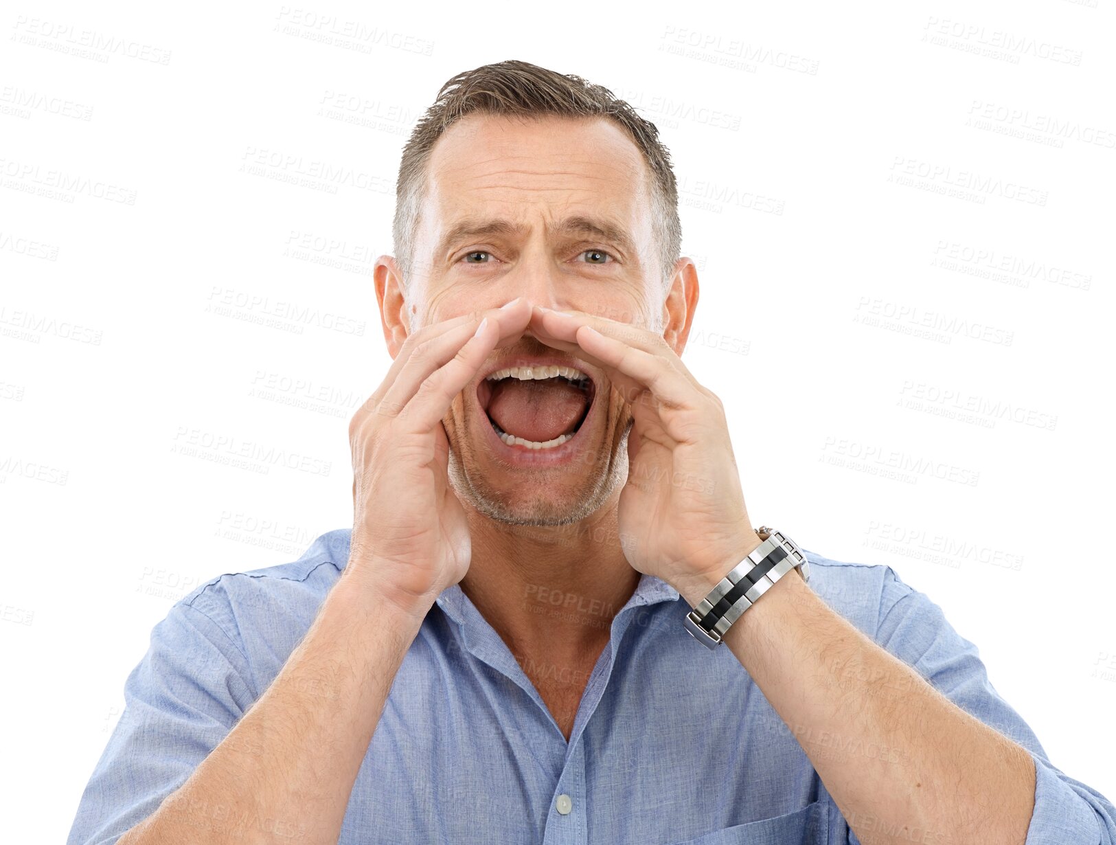 Buy stock photo Shouting, portrait or crazy businessman with a loud announcement screaming or yelling for sales promotion. Voice opinion, talk or mature person in communication isolated on transparent png background