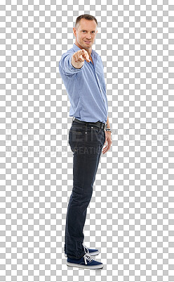 Buy stock photo Smile, confidence and portrait of happy man pointing at choice or decision isolated on transparent png background. Hand gesture for motivation, encouragement and selection, male model showing you.
