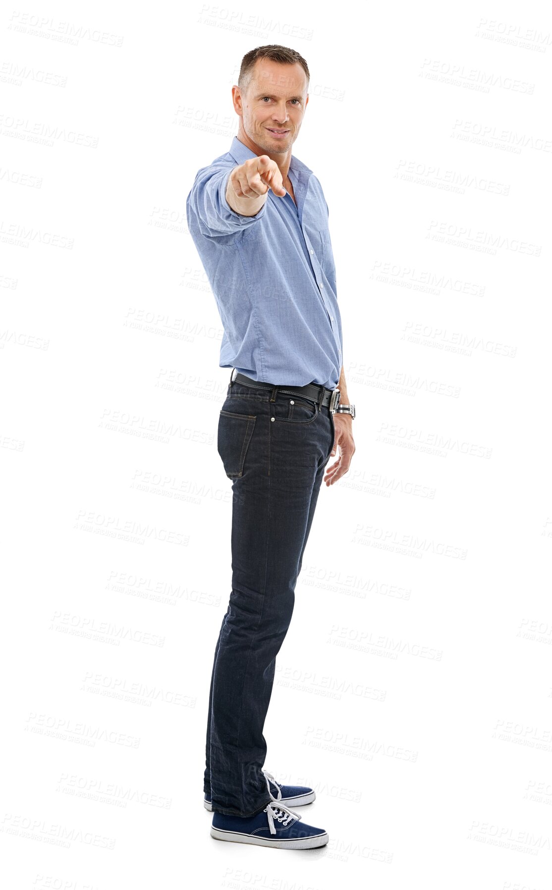 Buy stock photo Smile, confidence and portrait of happy man pointing at choice or decision isolated on transparent png background. Hand gesture for motivation, encouragement and selection, male model showing you.