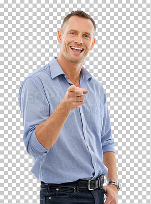 Buy stock photo Man smile, confident pointing and portrait of businessman with choosing. Happy, hey you and handsome male model with hand gesture with happiness and selection isolated on transparent, png background
