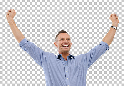 Buy stock photo Winner, fist or happy businessman with success or victory for winning sales isolated on png background. Hands up, transparent or excited person with sales profit for achievement, goals or motivation 