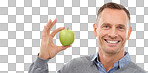 Man, happy portrait and apple in hand for health, diet and wellness isolated on a png background. Model person with vegan nutrition apple food for a healthy lifestyle, motivation and clean eating
