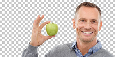 Buy stock photo Smile, apple or portrait of happy man with fruit for wellness isolated on transparent png background. Nutrition vitamins, detox or mature male person eating healthy food or clean diet to lose weight 