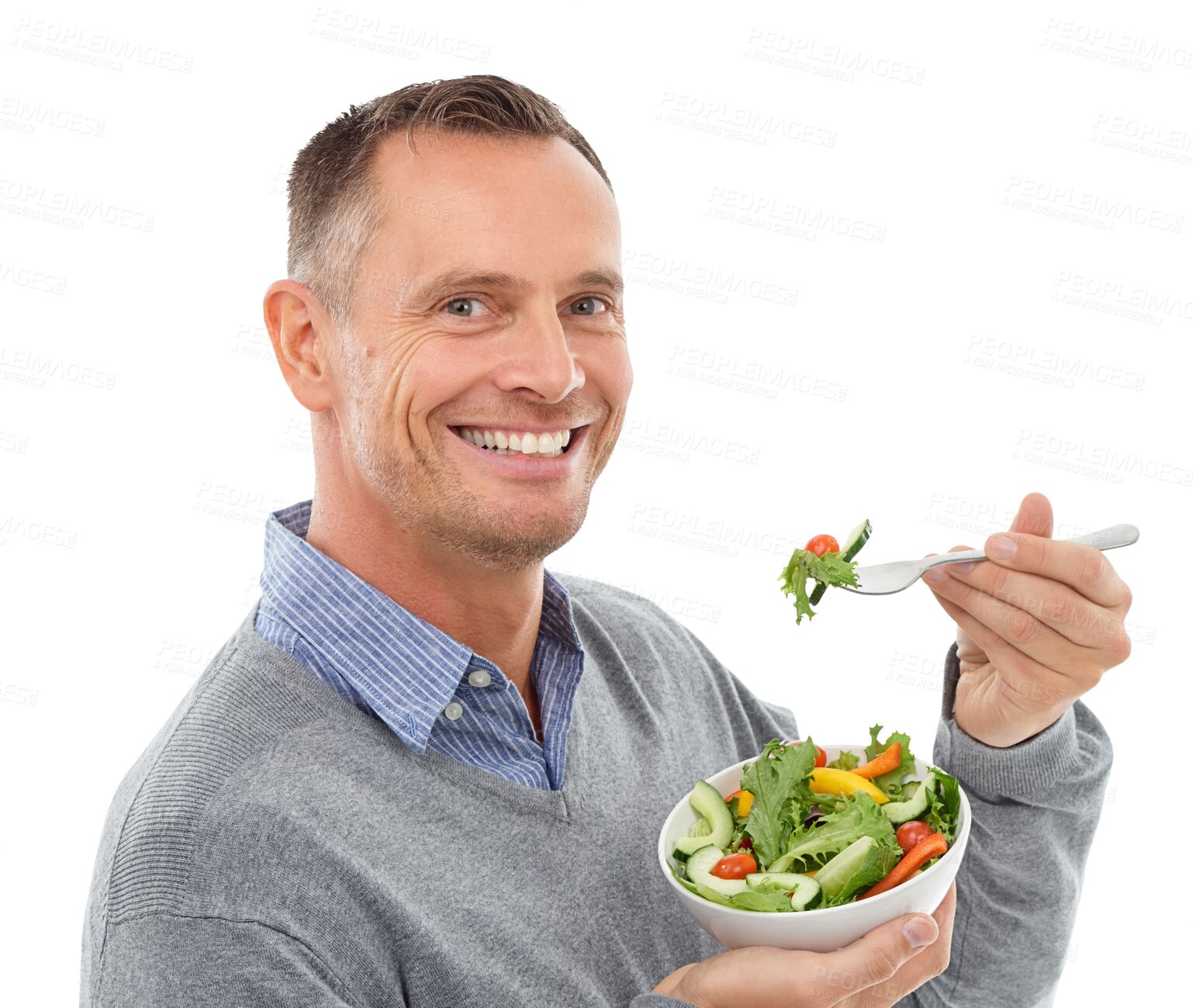 Buy stock photo Healthy food, salad or portrait of happy man with a smile isolated on transparent png background. Face, hungry or mature person eating vegan diet meal to lose weight, nutrition vitamins or wellness 