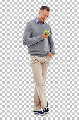 Buy stock photo Thinking, smile or happy man with an apple or healthy food isolated on transparent png background. Nutrition vitamins, contemplating or thoughtful mature person with fruit to lose weight or diet 