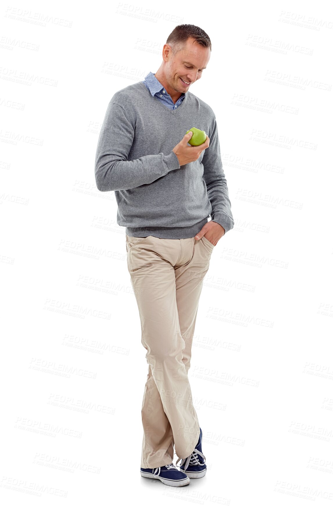 Buy stock photo Thinking, smile or happy man with an apple or healthy food isolated on transparent png background. Nutrition vitamins, contemplating or thoughtful mature person with fruit to lose weight or diet 