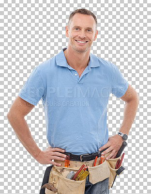 Buy stock photo Portrait, building and PNG with a contractor man isolated on a transparent background for maintenance. Construction, diy and tools with a mature engineer or handyman working on a labor project