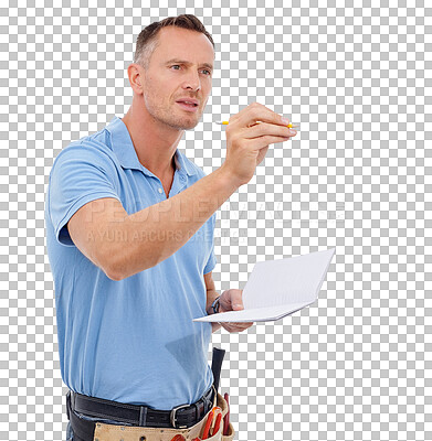 Buy stock photo Construction, notebook and PNG with a contractor man isolated on a transparent background for maintenance. Building, diy and writing with a mature engineer or handyman working on a labor project