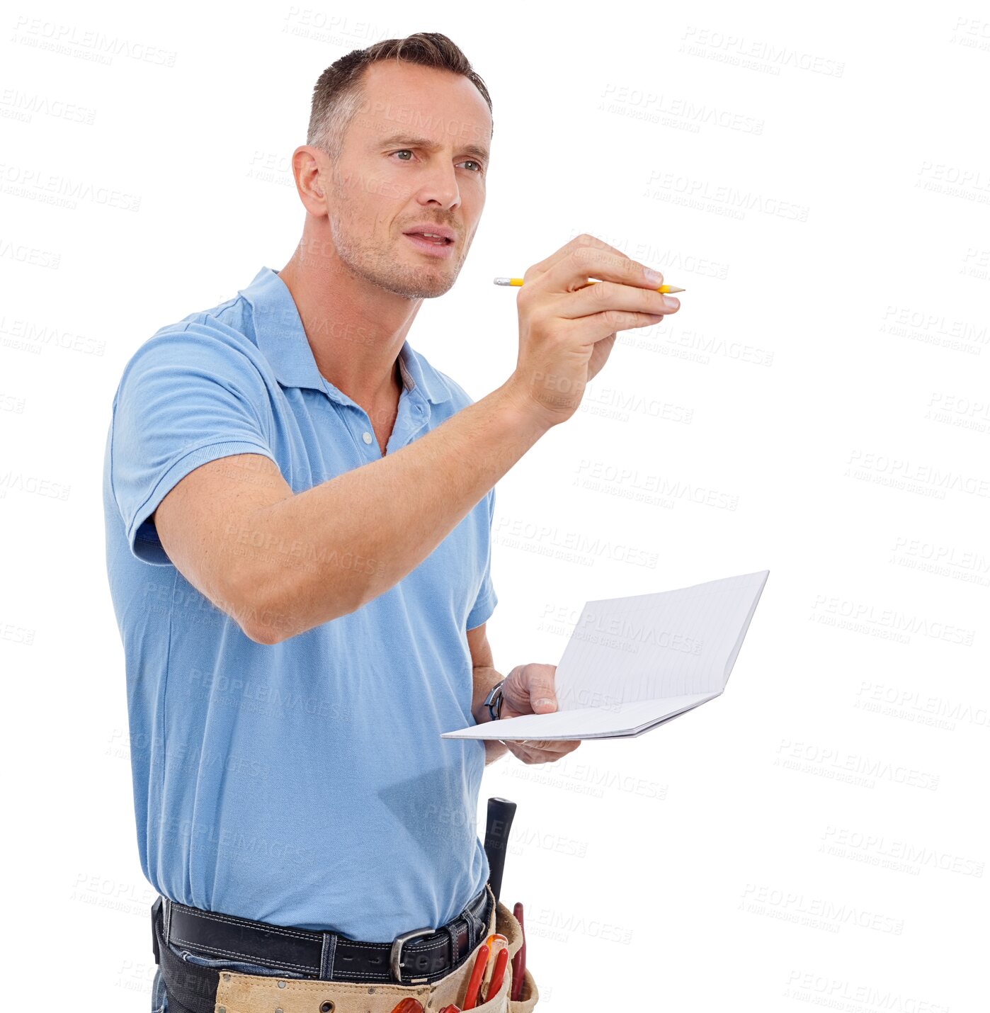 Buy stock photo Construction, notebook and PNG with a contractor man isolated on a transparent background for maintenance. Building, diy and writing with a mature engineer or handyman working on a labor project