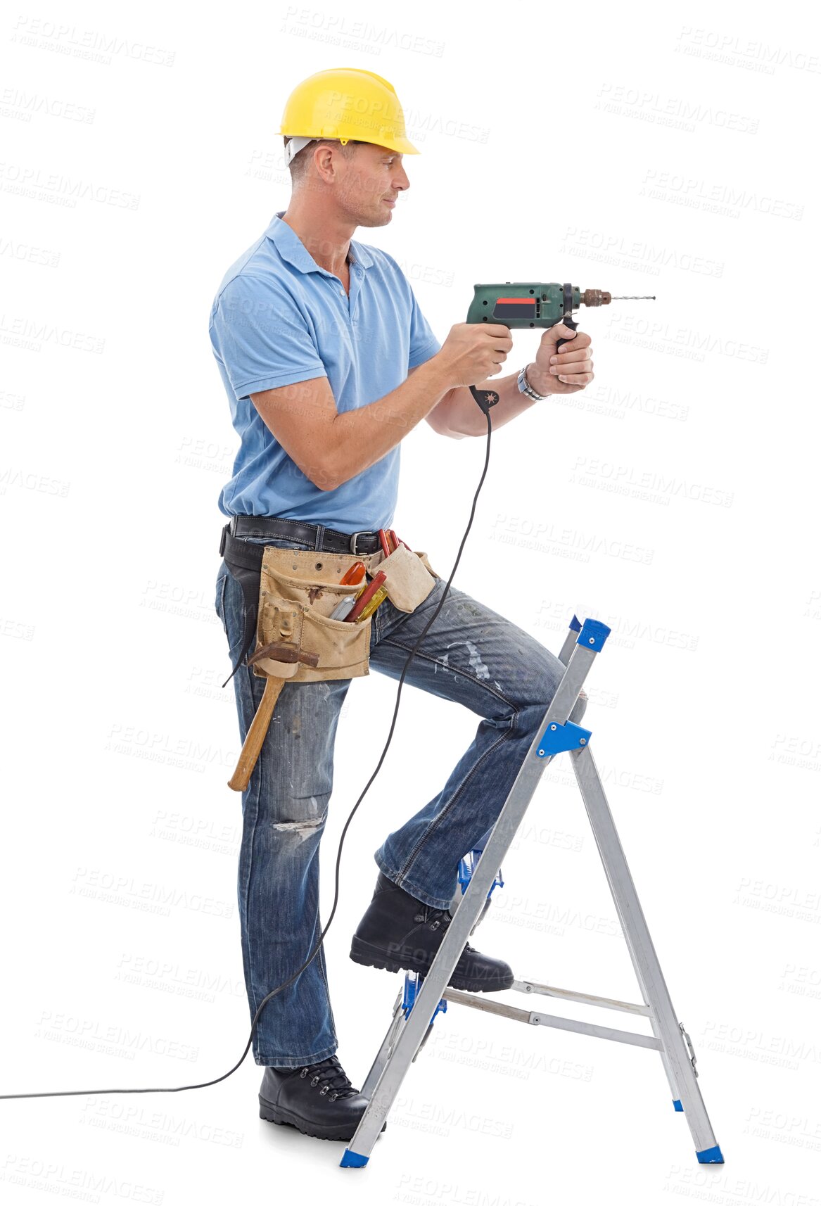 Buy stock photo Man with power tools, handyman on ladder and maintenance worker isolated on transparent, png background. Manual labour, DIY skills and professional trade with male person doing home renovation