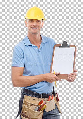 Buy stock photo Clipboard, mockup and handyman portrait of man isolated on transparent, png background for sign up or information. Happy construction worker, contractor or builder person for checklist or paper space