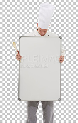 Buy stock photo Chef, whiteboard and man looking at mockup standing isolated on a transparent png background. Board, advertising and male cook, baker or mature professional with marketing, promotion or copy space.