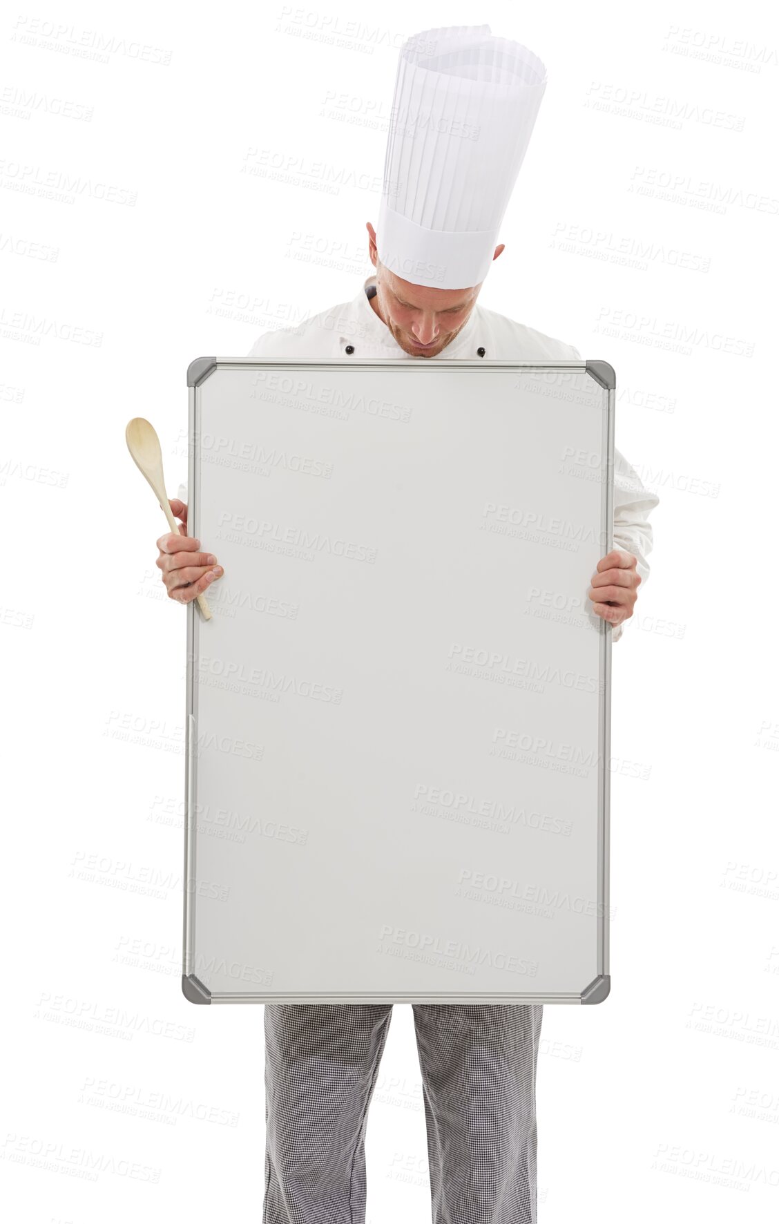 Buy stock photo Chef, whiteboard and man looking at mockup standing isolated on a transparent png background. Board, advertising and male cook, baker or mature professional with marketing, promotion or copy space.