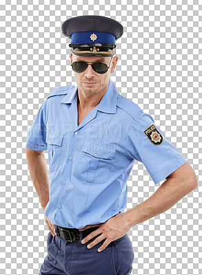 Officer, security and portrait of police on isolated on a png background for authority, public safety and crime. Justice, law enforcement and isolated policeman, traffic cop and guard with hands on hip in studio