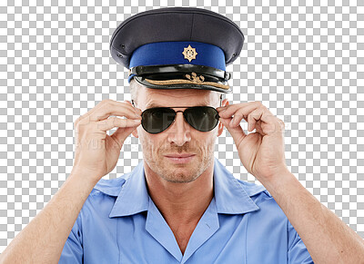 Buy stock photo Portrait, police and sunglasses with a man isolated on a transparent background for safety. Security, justice and authority with a handsome male officer in uniform on PNG for public protection