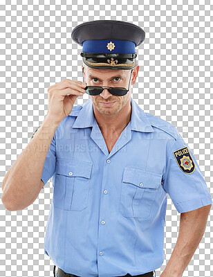 Buy stock photo Portrait, police man and officer in sunglasses isolated on a transparent png background. Law enforcement, serious and mature policeman with glasses, cop face and security guard for justice in uniform