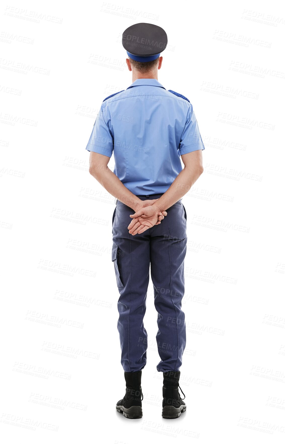 Buy stock photo Back, police and protection with a man isolated on a transparent background for safety or security. Justice, service and law enforcement with a policeman or officer on PNG from behind for control