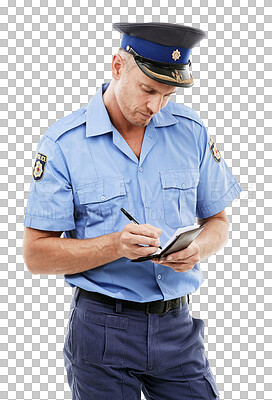 Buy stock photo Ticket, writing and traffic cop man with a notepad for laws, public service and crime fines. Justice, enforcement and mature male police officer or guard isolated by a transparent png background.