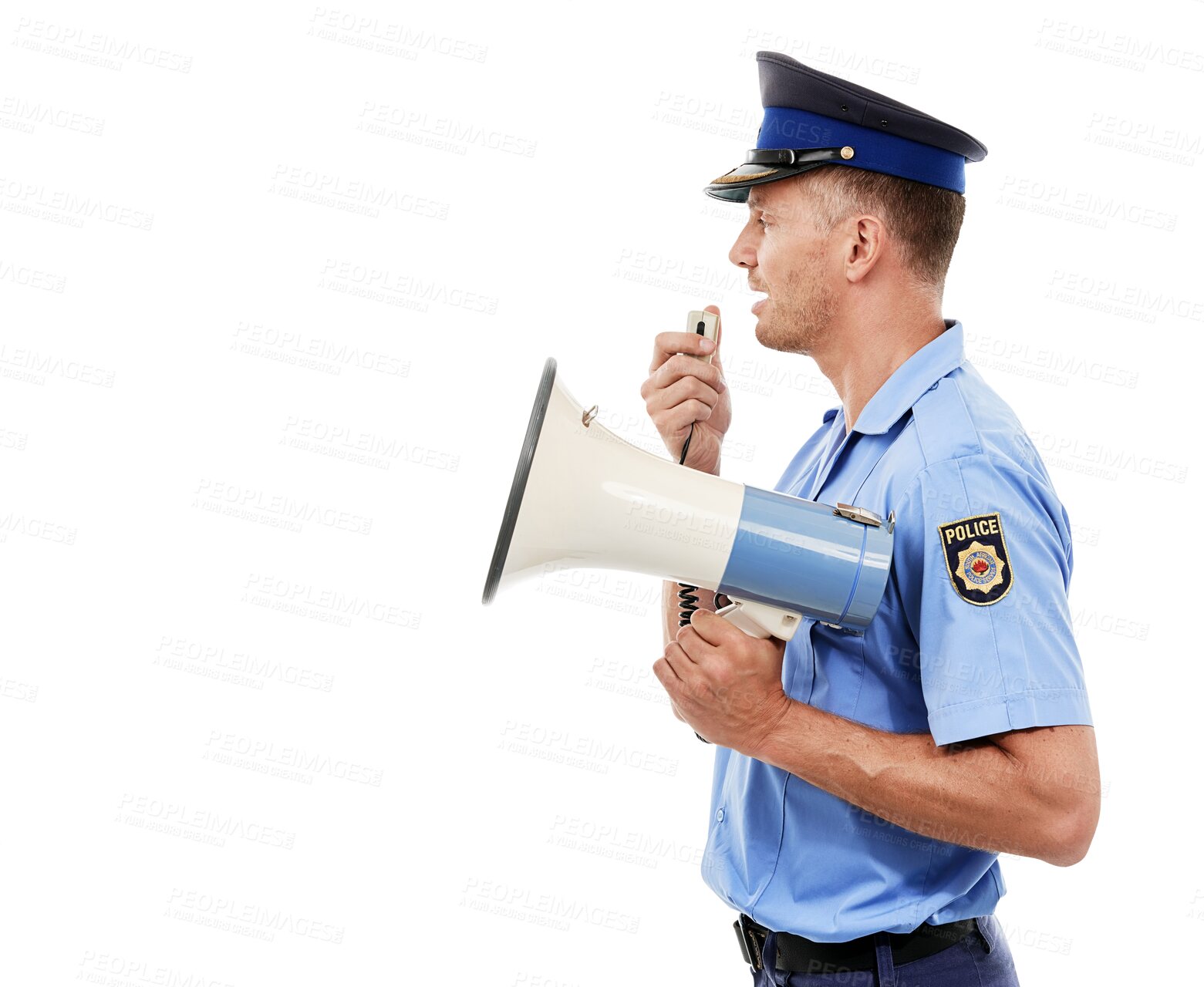 Buy stock photo Talking man, megaphone or police officer speech for service announcement, security or crime. Safety worker, law communication and speaker or official isolated on a transparent png background