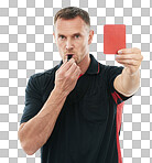Referee portrait, red card and whistle for hand warning for soccer rules, penalty or fail in studio. Football coach sign for mistake or caution for competition game isolated on a png background