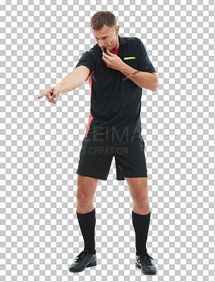 Buy stock photo Referee, whistle and pointing for a penalty with a man isolated on a transparent background for sports control. Rules, warning and authority with a male official blowing a foul during a game on PNG