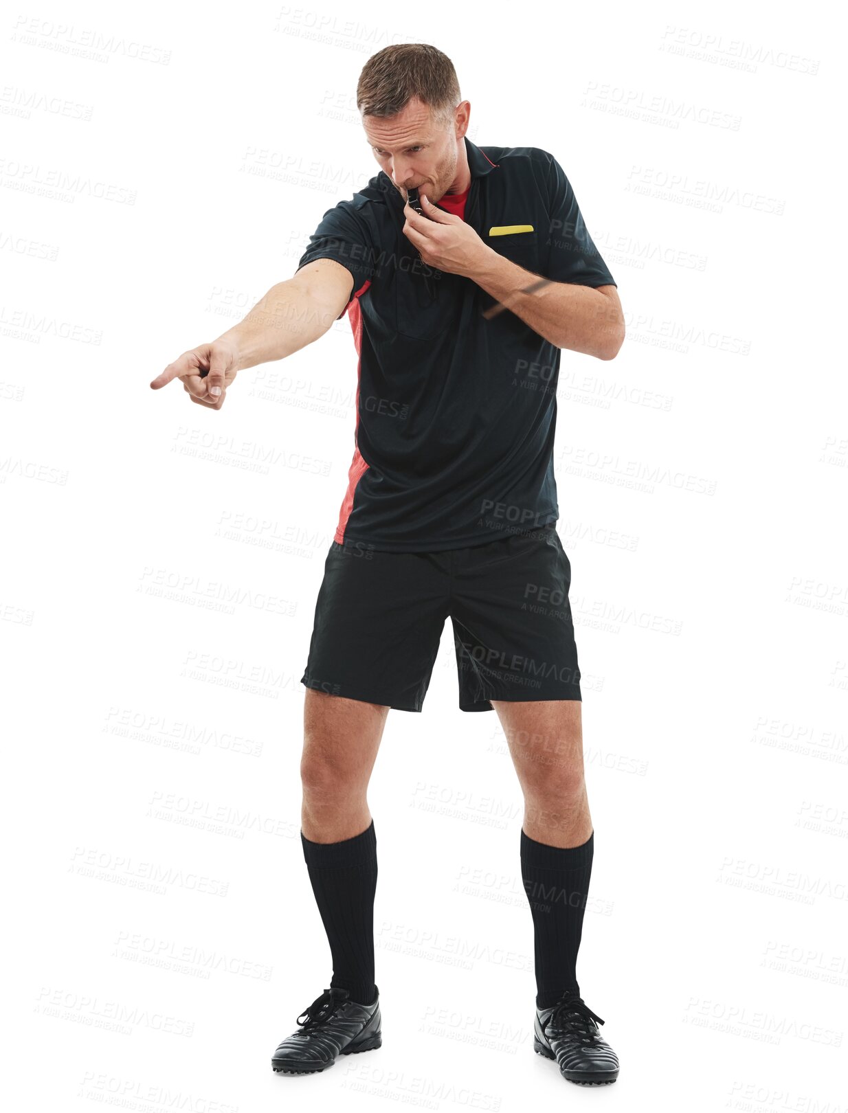 Buy stock photo Referee, whistle and pointing for a penalty with a man isolated on a transparent background for sports control. Rules, warning and authority with a male official blowing a foul during a game on PNG