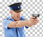 A Angry man, police officer and shooting gun standing. Male security guard or detective holding firearm or weapon screaming the law to stop crime or violence isolated on a png background