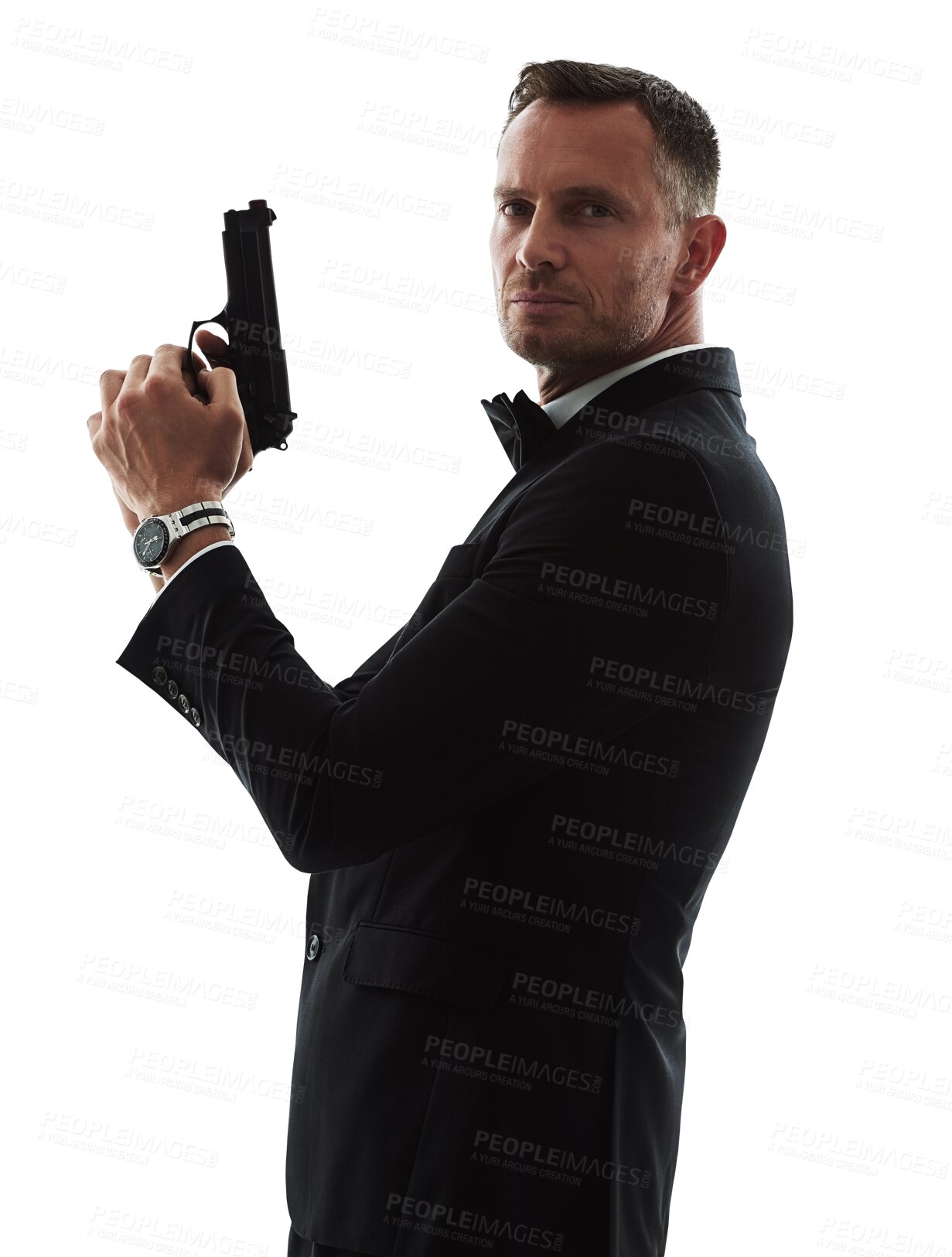Buy stock photo Suit, gun and man in portrait isolated on transparent, png background for secret agent business, action movie or crime. Detective, investigation and professional person or bodyguard with firearm