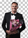 Bouquet, suit and happy man isolated on a png background for valentines celebration, event or wedding. Pink roses or flowers of happy model or person in tuxedo for anniversary date in studio portrait