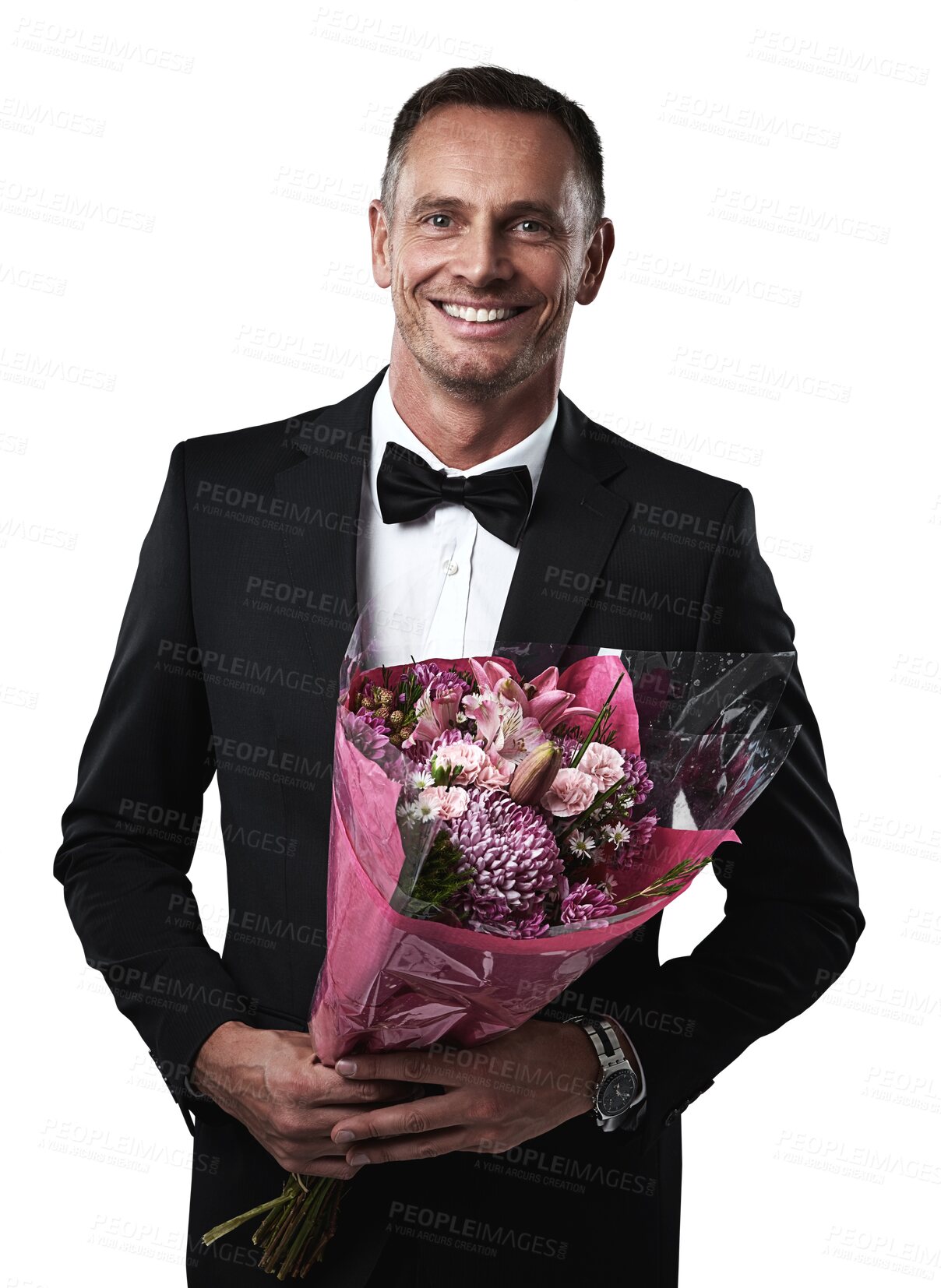 Buy stock photo Bouquet, suit portrait and happy man with flowers isolated on a transparent png background. Valentines day, flower or a romantic person in tuxedo and smile for an anniversary, date or wedding gift