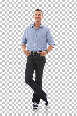 Buy stock photo Portrait, vision and PNG with a business man isolated on a transparent background for a professional career. Mindset, happy and smile with a mature male employee standing in a corporate company