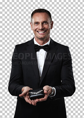 Buy stock photo Portrait, jewelry and necklace with a formal man isolated on a transparent background for an anniversary date. PNG, gift and valentines day with a handsome mature person in a suit for celebration