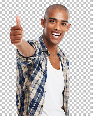 Buy stock photo Thumbs up, black man and happy portrait of a young model with yes, success and thank you hand sign. Smile, happiness and agreement hands gesture of a person isolated on a transparent, png background