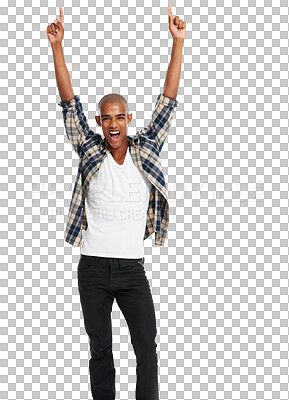 Buy stock photo Winner, portrait and man celebration with smile, motivation and freedom. Happy, male model fist and celebrate achievement and excited energy isolated on a transparent, png background